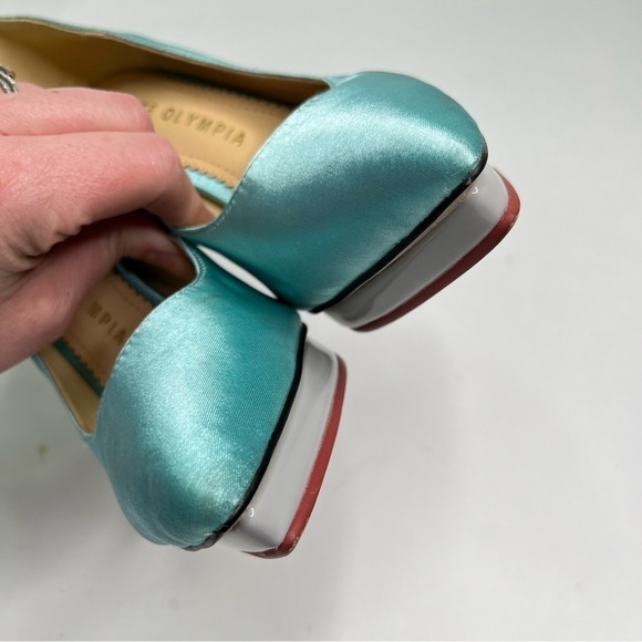 CHARLOTTE OLYMPIA Teal Aquamarine Satin Pointed-Toe Platform Grey Pumps Heels - Picture 4 of 12